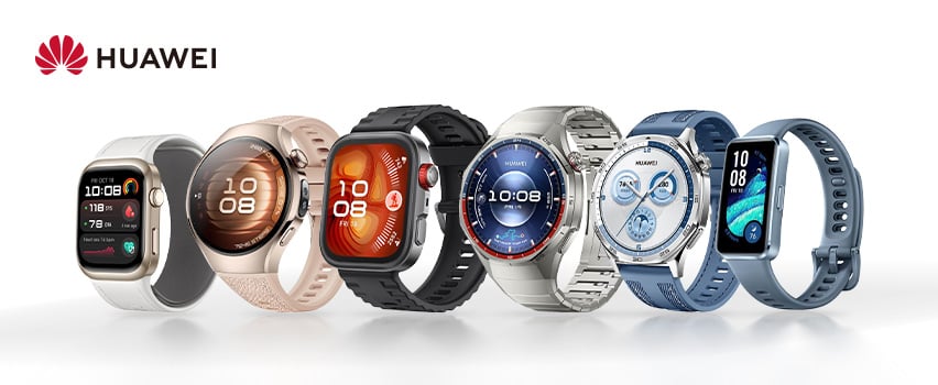 Seks Huawei Watches i forskellige farver og størrelser fra Huawei på en hvid baggrund med logo.