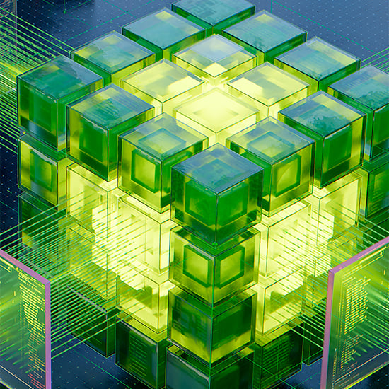 Glødende grønne kuber i 3D, der illustrerer NVIDIA RTX Spark som ny standard for AI på pc