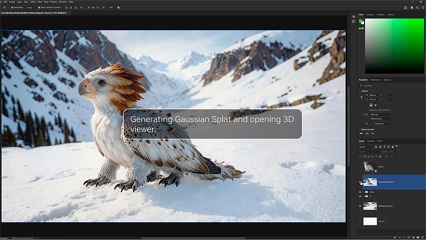 AI-agent genererer Gaussian Splat og 3D-visning af et fantasivæsen i et billedredigeringsprogram