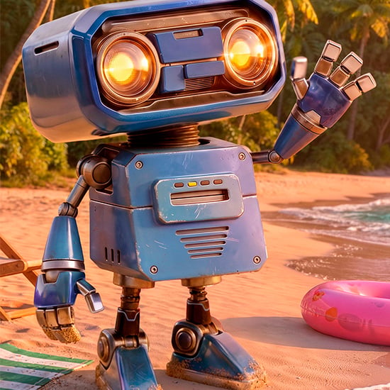 AI-genereret billede af retrorobot, der vinker på en strand – kreativt arbejde med NVIDIA RTX Spark