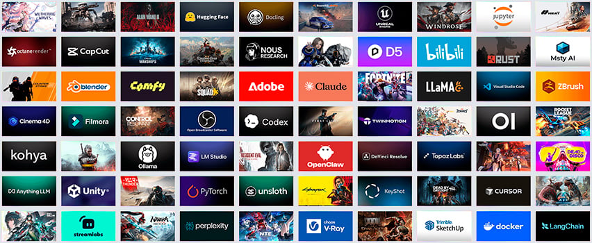 Oversigt over apps og spil, der understøttes af NVIDIA RTX Spark, bl.a. Adobe, Blender, Unreal Engine og Fortnite