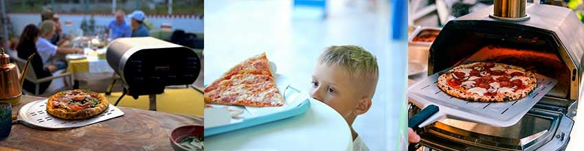 Udendørs pizzaovne i brug ved fest, hygge og børnevenlige måltider med friskbagt pizza i fokus.