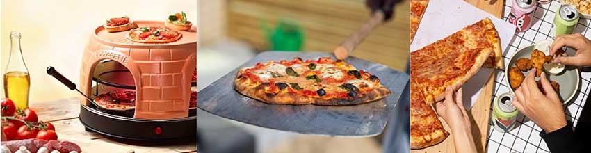 Minipizzaovn i terracottastil til hjemlig hygge, kombineret med udendørs pizza og uformel fællesspisning med snacks.