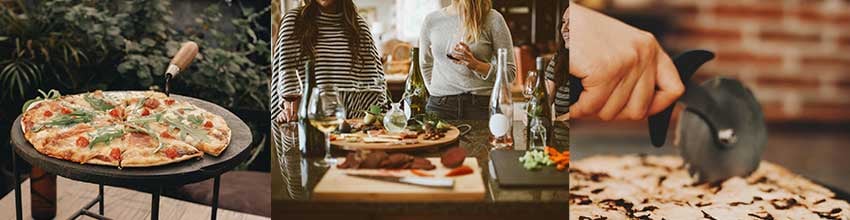 Pizza serveret med stil i socialt og elegant miljø med pizzaskærer, vin og anretning til uformel middag eller pizzafest.