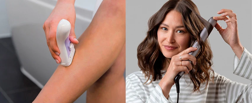 Remington hårfjerning og styling – kvinde bruger Remington lady shaver på ben og kvinde krøller hår med Remington krøllejern