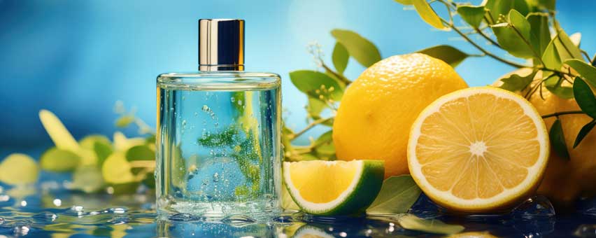 klar parfumeflaske på et bord med citrusfrugter og grønne blade